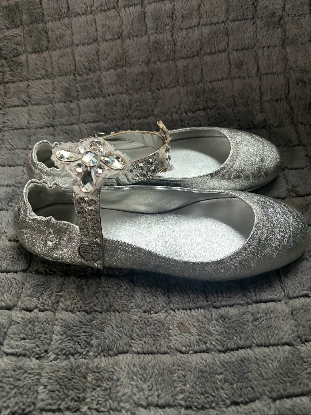Tory Burch Silver Metallic Jeweled Ballet Flats